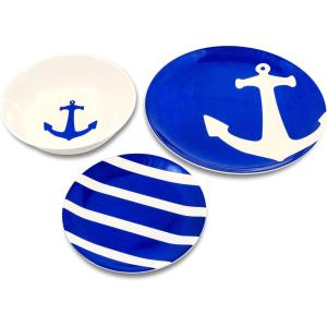 imageCamco Blue and White Nautical Design 12 Piece Dishware Set Includes Marine Style Plates and Bowls  Perfect Boating Sailing Fishing The Beach and More  Melamine Material 41951