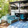 imageCamco Life is Better at The Campsite Tablecloth with Bench Covers  Provides a Clean Eating Surface for Outdoor Activities  Features an RV and Tree Sketch Design  53380