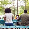 imageCamco Life is Better at The Campsite Tablecloth with Bench Covers  Provides a Clean Eating Surface for Outdoor Activities  Features an RV and Tree Sketch Design  53380