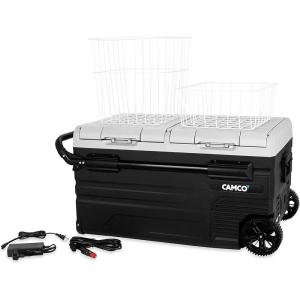 imageCamco 51520 CAM750 Portable Refrigerator AC 110VDC 12V Compact FridgeFreezer with Dual Zone Cooling 75Liter  Keeps Food and Drinks Cold While OntheGo  Ideal for Road Trips RVing Camping B  Black