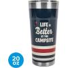 imageCamco Life is Better at The Campsite Tumbler  Heavy Duty Double Wall Vacuum Insulation  Crafted of 188 Stainless Steel  Unique Life is Better at The Campsite Design on Cool Blue  30oz 53058TanRed Stripes
