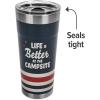imageCamco Life is Better at The Campsite Tumbler  Heavy Duty Double Wall Vacuum Insulation  Crafted of 188 Stainless Steel  Unique Life is Better at The Campsite Design on Cool Blue  30oz 53058TanRed Stripes