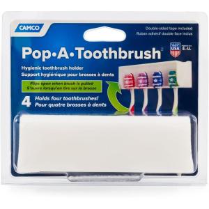 imageCamco A PopAToothbrush Wall Mounted Holder With Protective Cover Perfect For Traveling Dorm Bathrooms and More Holds 4 Toothbrushes White 57204Holds 4