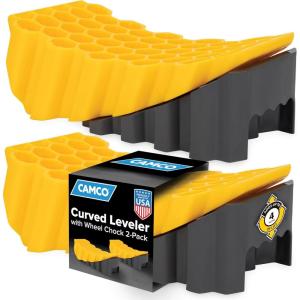 imageCamco Curved CamperRV Leveler ampamp Wheel Chock  Features Heavy Duty Honeycomb Design ampamp Includes NonSlip Rubber Grippers on Wheel Chock  Compatible wTrailers Up to 30000 lbs  1Pack 44423Pack of 2
