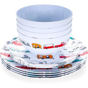 imageCamco Life is Better at The Campsite Dishware Set  Features a Virtually Unbreakable Melamine Construction is Top Rack Dishwasher Safe and has a Multicolored RVThemed Design  12Piece 53297White