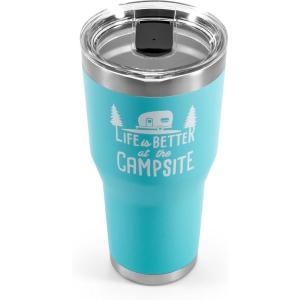 imageCamco Life is Better at The Campsite Tumbler  Heavy Duty Double Wall Vacuum Insulation  Crafted of 188 Stainless Steel  Unique Life is Better at The Campsite Design on Cool Blue  30oz 53058Cool Blue