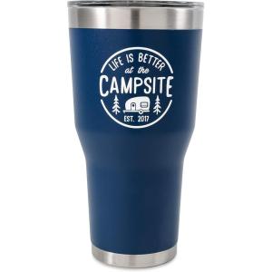 imageCamco Life is Better at The Campsite Tumbler  Heavy Duty Double Wall Vacuum Insulation  Crafted of 188 Stainless Steel  Unique Life is Better at The Campsite Design on Cool Blue  30oz 53058Navy