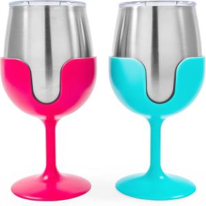imageCamco Life is Better at The Campsite Wine Tumbler  Heavy Duty Double Wall Vacuum Insulation  Crafted of 188 Stainless Steel  Features Removable Navy ampamp Peach Stems  2Pk 8ozEach 51917Blue and Pink