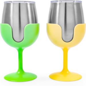 imageCamco Life is Better at The Campsite Wine Tumbler  Heavy Duty Double Wall Vacuum Insulation  Crafted of 188 Stainless Steel  Features Removable Navy ampamp Peach Stems  2Pk 8ozEach 51917Green and Yellow