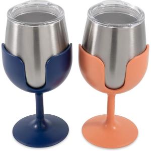 imageCamco Life is Better at The Campsite Wine Tumbler  Heavy Duty Double Wall Vacuum Insulation  Crafted of 188 Stainless Steel  Features Removable Navy ampamp Peach Stems  2Pk 8ozEach 51917Navy and Peach