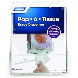 imageCamco PopATissue Tissue Box Holder Mounts to Walls and Cabinets Dispenses Tissue and Holds Tissue Boxes Upward or Downward Perfect for RVs and Trailers Easy Install  Clear 571019822