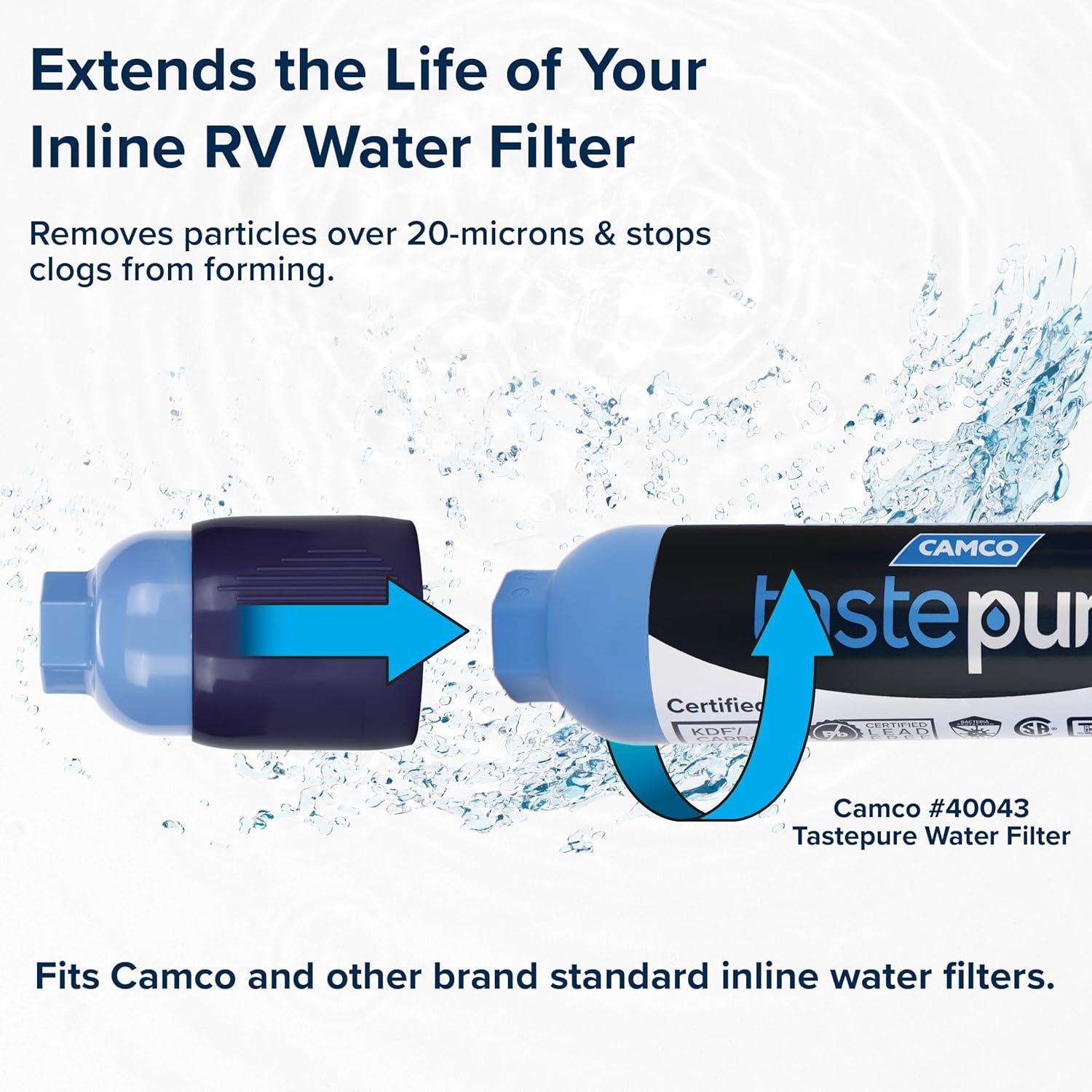 imageCamco Tastepure Sediment PreFilter for RV Water Filter  Features 20Micron Water Filter System ampamp Provides First Stage of Water Filtration  Extends the Life of Inline Water Filters 40048Standard PreFilter