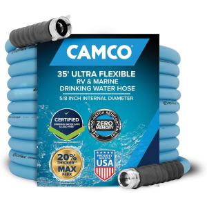 imageCamco EVOFlex 75Ft RV Drinking Water Hose  Features Extra Flexible Design wStainless Steel Strain Relief Ends  LeadFree BPAFree and PhthalateFree  58 Inside Diameter 2259735Foot