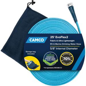 imageCamco EVOFlex 75Ft RV Drinking Water Hose  Features Extra Flexible Design wStainless Steel Strain Relief Ends  LeadFree BPAFree and PhthalateFree  58 Inside Diameter 2259725foot
