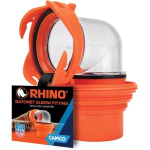 imageCamco RhinoFlex Clear RV Sewer Hose Elbow with 4in1 Adapter  Features a 360Degree Fitting Rotation and Builtin Gasket for OdorTight Protection  Fits 4 Sizes of Dump Station Inlets 39736One Size