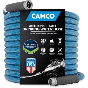 imageCamco TastePURE 50Foot Premium Drinking Water Hose  Features a HeavyDuty Reinforced PVC Construction Machined Fittings with Strain Relief Ends and has a 58Inch Inside Diameter 2100950Foot