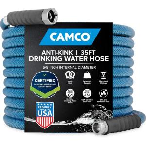 imageCamco TastePURE 50Foot Premium Drinking Water Hose  Features a HeavyDuty Reinforced PVC Construction Machined Fittings with Strain Relief Ends and has a 58Inch Inside Diameter 2100935Foot