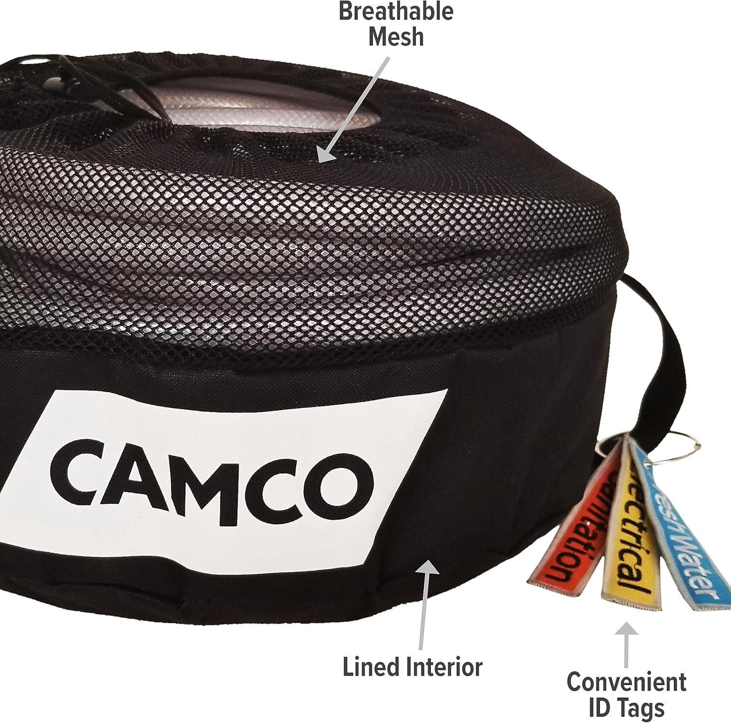 imageCamco CamperRV Equipment Storage Bag  Features Lined Interior wBreathable Mesh Top ampamp Barrel Lock Clasp  Includes 3 Id Tags for RV Storage and Organization  16 in Diameter x 10 Deep 53097Water Hose Storage Bag
