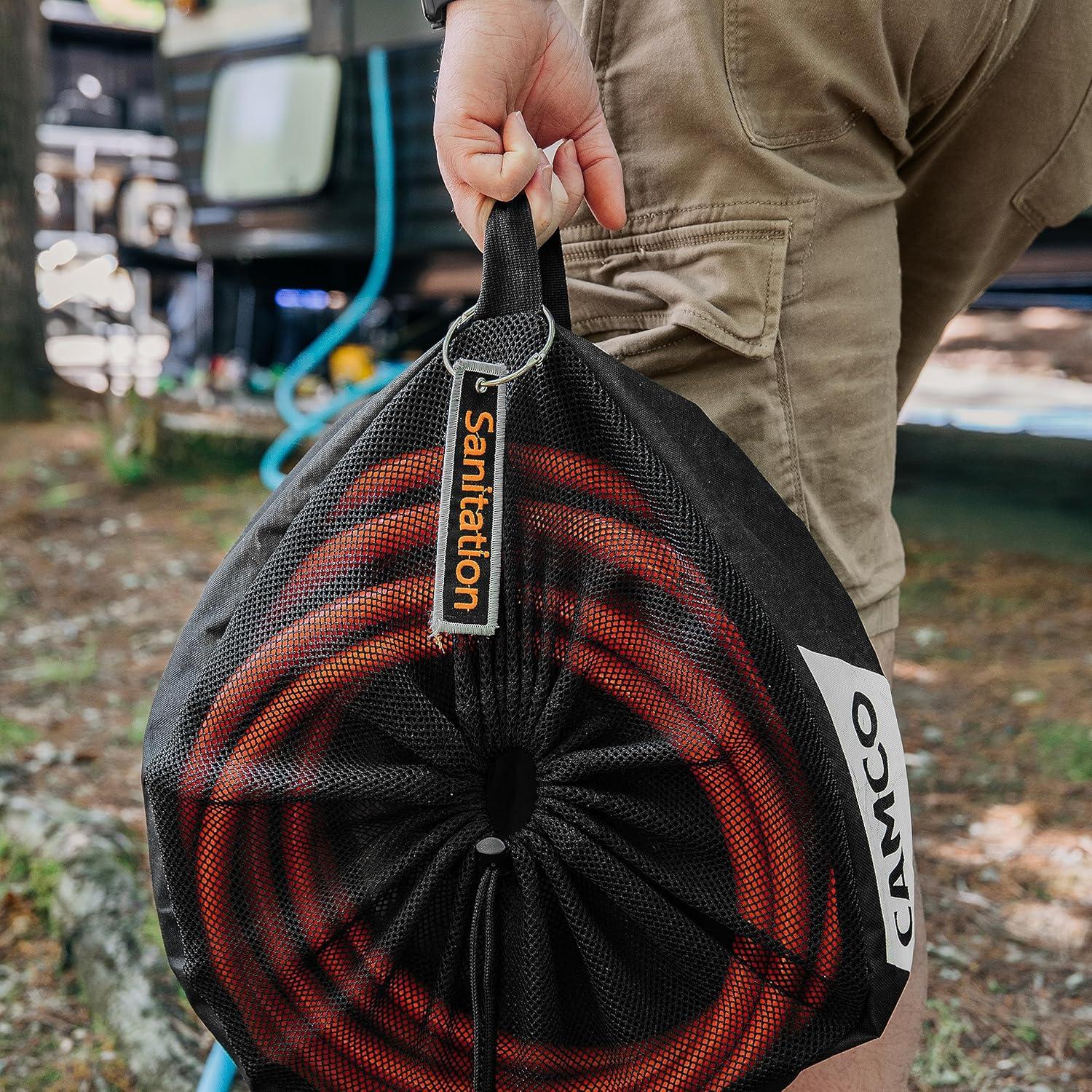 imageCamco CamperRV Equipment Storage Bag  Features Lined Interior wBreathable Mesh Top ampamp Barrel Lock Clasp  Includes 3 Id Tags for RV Storage and Organization  16 in Diameter x 10 Deep 53097Water Hose Storage Bag