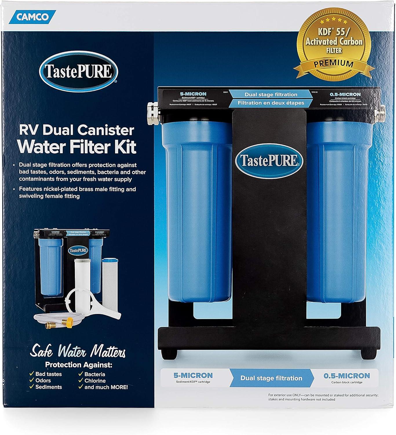 imageCamco EVO X2 Dual Stage Camper ampamp RV Water Filter Kit  2 Stage Filtration wKDF ampamp GAC  Filters Out Bad Taste Odors Lead Bacteria ampamp More  Provides Approx 15000 Gallons of Filtered Water 40639