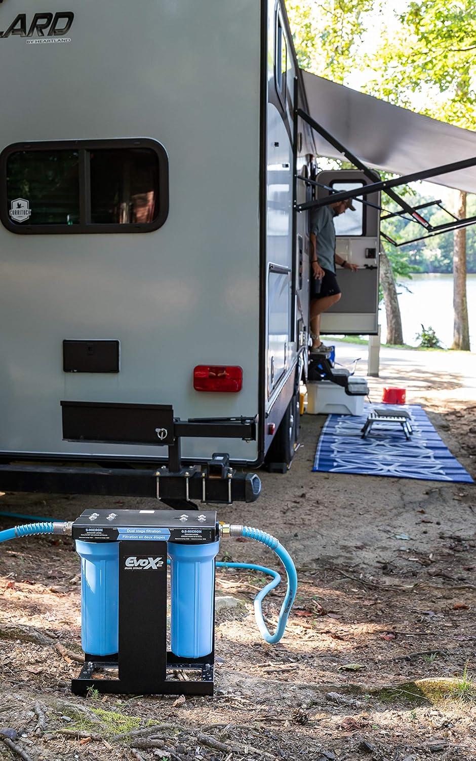 imageCamco EVO X2 Dual Stage Camper ampamp RV Water Filter Kit  2 Stage Filtration wKDF ampamp GAC  Filters Out Bad Taste Odors Lead Bacteria ampamp More  Provides Approx 15000 Gallons of Filtered Water 40639