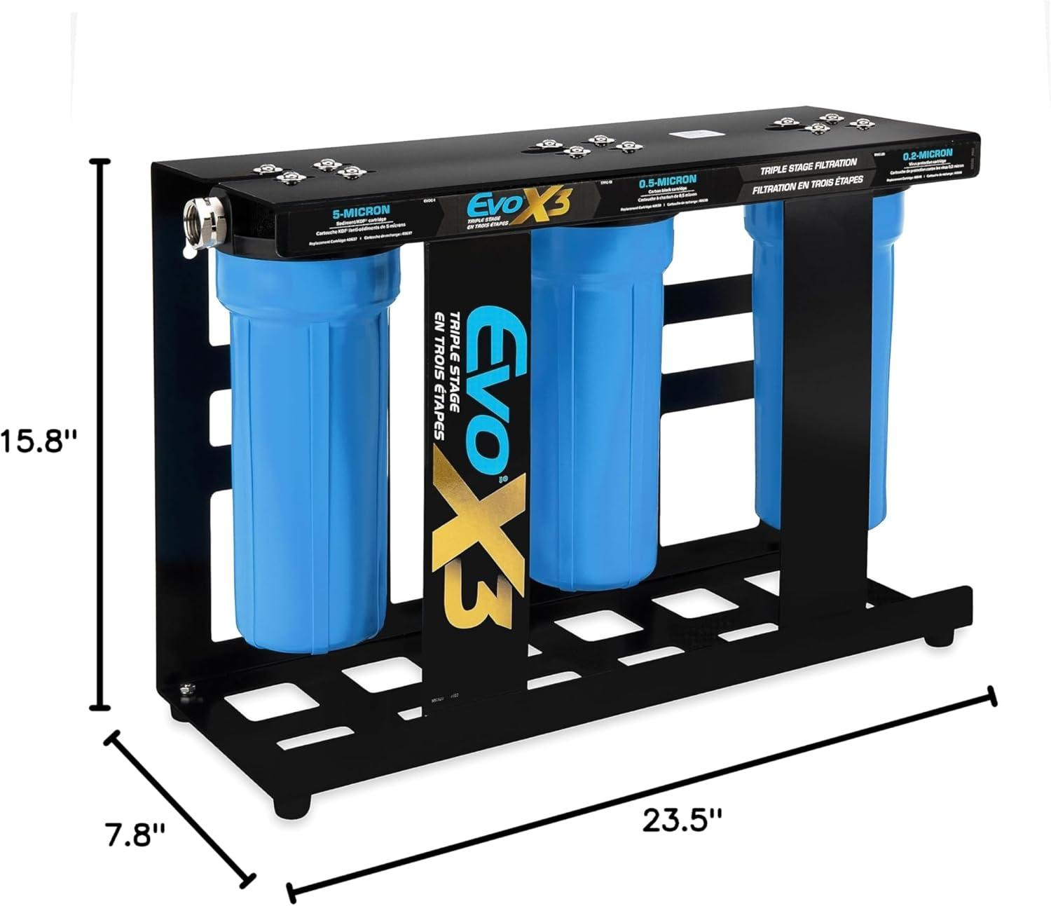 imageCamco Evo X3 Triple Stage Premium CamperRV Water Filter Kit  Features 3 Replaceable Cartridges to Remove Sediments Chlorine Bad Tastes Odors Viruses Bacteria Contaminates and More 40649