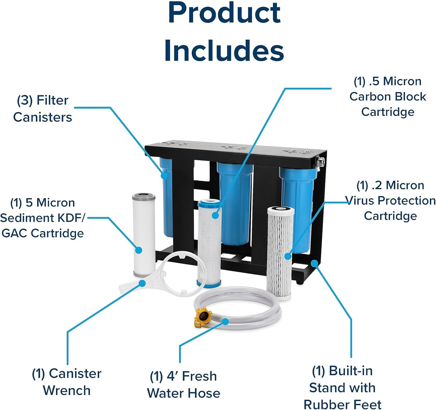 imageCamco Evo X3 Triple Stage Premium CamperRV Water Filter Kit  Features 3 Replaceable Cartridges to Remove Sediments Chlorine Bad Tastes Odors Viruses Bacteria Contaminates and More 40649