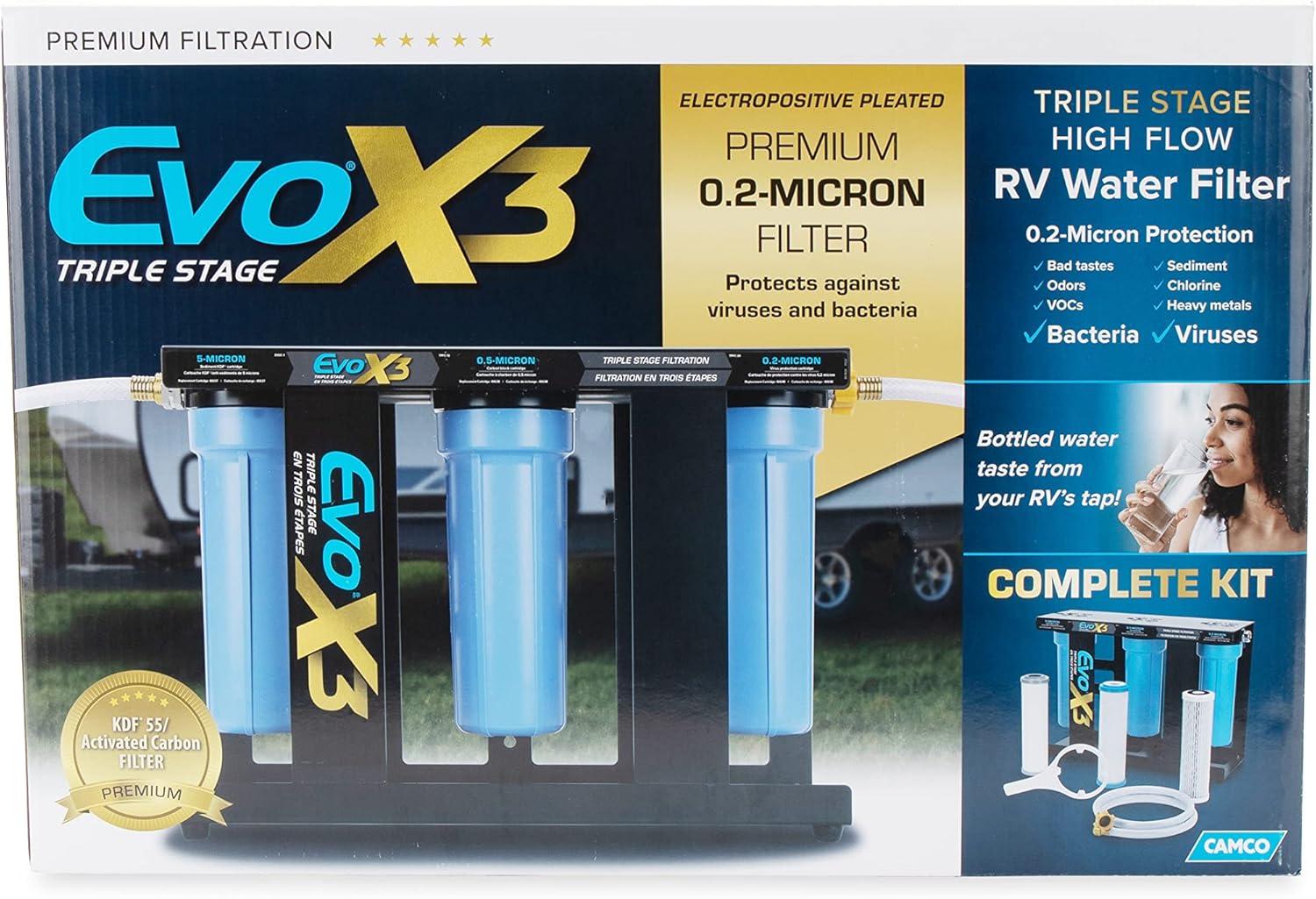 imageCamco Evo X3 Triple Stage Premium CamperRV Water Filter Kit  Features 3 Replaceable Cartridges to Remove Sediments Chlorine Bad Tastes Odors Viruses Bacteria Contaminates and More 40649