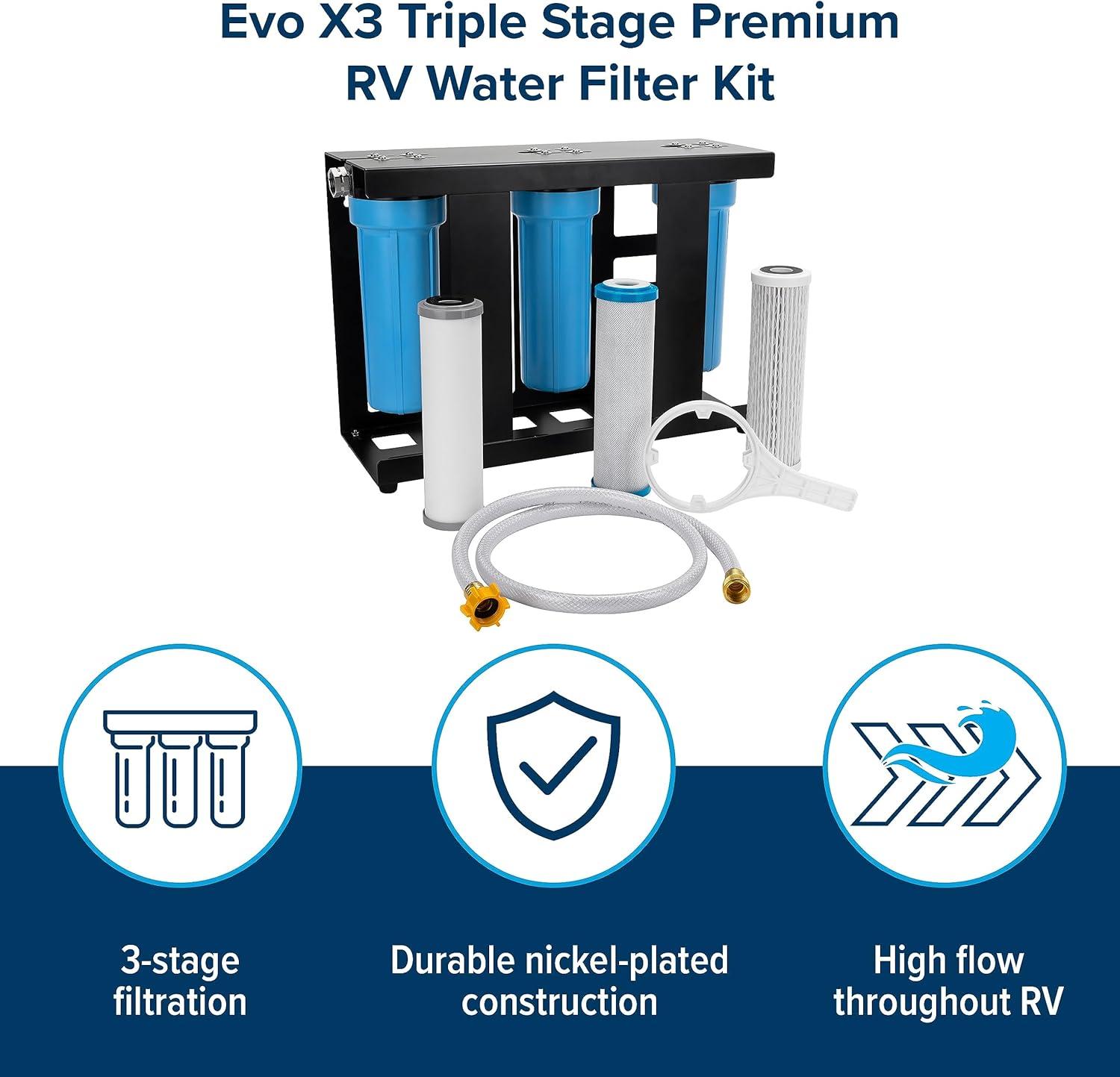 imageCamco Evo X3 Triple Stage Premium CamperRV Water Filter Kit  Features 3 Replaceable Cartridges to Remove Sediments Chlorine Bad Tastes Odors Viruses Bacteria Contaminates and More 40649