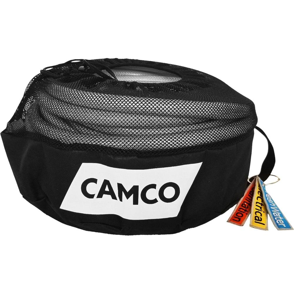 imageCamco CamperRV Equipment Storage Bag  Features Lined Interior wBreathable Mesh Top ampamp Barrel Lock Clasp  Includes 3 Id Tags for RV Storage and Organization  16 in Diameter x 10 Deep 53097Water Hose Storage Bag