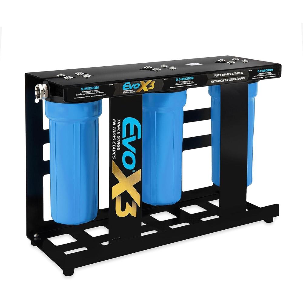 imageCamco Evo X3 Triple Stage Premium CamperRV Water Filter Kit  Features 3 Replaceable Cartridges to Remove Sediments Chlorine Bad Tastes Odors Viruses Bacteria Contaminates and More 40649