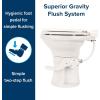 imageCamco Premium Ceramic CamperRV Toilet  Features Gravity Flush System wConvenient Foot Pedal  FullSized Ergonomic Design w18quot Chair Height  SoftClose Wood Seat ampamp Lid  Bone 41715Bone