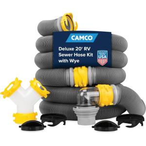 imageCamco Deluxe 20 ft Sewer Hose Kit  Includes 210 ft RV Sewer Hoses PreAttached 360Degree Swivel Fittings and Wye Connector  Ready To Use RV Sewer Kit Easily Compresses for Storage 3966620 Sewer Hose Kit with Wye Connector
