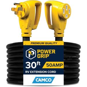 imageCamco Power Grip 50Ft 50 Amp RV Extension Cord  Rated for 125250 V12500 W  Features Copper 63  81Gauge Wires for Superior Conductivity ampamp Coated wHeatResilient PVC 5519930Foot