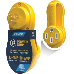 imageCamco Power Grip Electrical Offset Adapter  15 amp to 50 amp RV Power Adapter  Offset Design to Relieve Cord Stress 5513715amp to 50amp Adapter