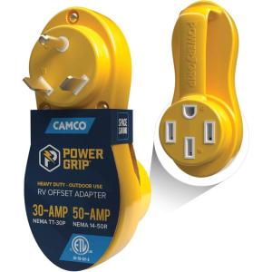 imageCamco Power Grip Electrical Offset Adapter  15 amp to 50 amp RV Power Adapter  Offset Design to Relieve Cord Stress 5513730amp to 50amp Adapter
