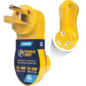 imageCamco Power Grip Electrical Offset Adapter  15 amp to 50 amp RV Power Adapter  Offset Design to Relieve Cord Stress 5513750amp to 30amp Adapter