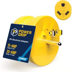 imageCamco PowerGrip CamperRV Adapter  Features a 15Amp Male NEMA 515P ampamp 30Amp Female NEMA TT30R Connection  Rated for 125V1875W 55223One Size