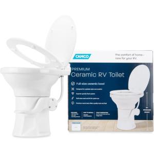 imageCamco Premium Ceramic CamperRV Toilet  Features Gravity Flush System wConvenient Foot Pedal  FullSized Ergonomic Design w18quot Chair Height  SoftClose Wood Seat ampamp Lid  Bone 41715White