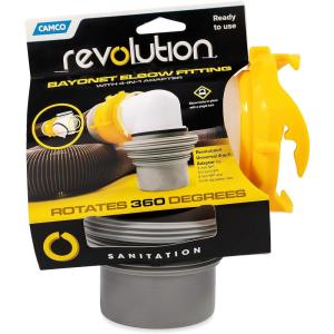 imageCamco Revolution RV Sewer Hose Bayonet Elbow  Features a BuiltIn Gasket for an OdorTight Connection a 360Degree Swivel for Easy Install and Includes a 4in1 Adapter 394714in1 Sewer Elbow