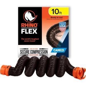 imageCamco RhinoFLEX 10 RV Sewer Hose Extension  Features Collapsible Design for RV Storage  Includes PreAttached Lug ampamp Bayonet Fitting Heavy Duty Polyolefin ampamp Reinforced wSteel Wire 39774
