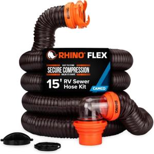imageCamco RhinoFLEX 20Ft RV Sewer Hose Kit  Features Clear Elbow Fitting wRemovable 4in1 Adapter  Connects to 3 Slip or 3354 NPT Threaded Sewer Connection 3974215 Rhino Sewer Hose