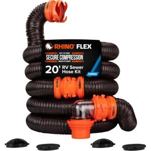 imageCamco RhinoFLEX 20Ft RV Sewer Hose Kit  Features Clear Elbow Fitting wRemovable 4in1 Adapter  Connects to 3 Slip or 3354 NPT Threaded Sewer Connection 3974220 Rhino Sewer Hose