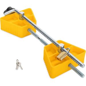 imageCamco Small RV Wheel Stop with Lock  Stabilizes Your Trailer  Compatibile with Tires with a 26quot to 30quot Diameter ampamp 1 quot to 3 quot Tire Spacing 44653 Yellow