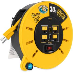 imageCamco 30Ft 10 Amp RV Extension Cord Reel  Rated for 125V  1250W  Features 4 125V Electrical Outlets ampamp 2 USB Ports  Includes OnOff Switch ampamp Builtin Circuit Breaker 5529030Foot