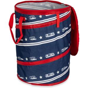 imageCamco PopUp Utility Container  Features Heavy Duty Liner ampamp Zipper Close Lid  Holds 30Gallon KitchenSize Trash Bags  Stands 2Ft Tall ampamp Collapses for RV Storage and Organization 42998Patriotic
