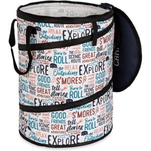 imageCamco PopUp Utility Container  Features Heavy Duty Liner ampamp Zipper Close Lid  Holds 30Gallon KitchenSize Trash Bags  Stands 2Ft Tall ampamp Collapses for RV Storage and Organization 42998Graffiti