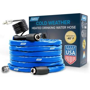 imageCamco 50Ft Heated Water Hose for RV  Water Line Freeze Protection Down to 40FC  Features EnergySaving Thermostat ampamp Includes Adapter for Connection to Either End of Hose 22924