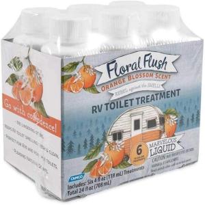 imageCamco 41481 Floral Flush RV Toilet Treatment Singles Orange Blossom Scent  Eliminates Odors and Breaks Down Waste  Each Bottle Treats Up to 40gallons  Contains 6 4 oz Bottles4 oz Bottle