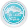 image:imageCamco Life is Better at The Campsite Large Dinner Plate  White with Teal and Navy Retro RV Camper and Trailer Print BPA Free Melamine 53227